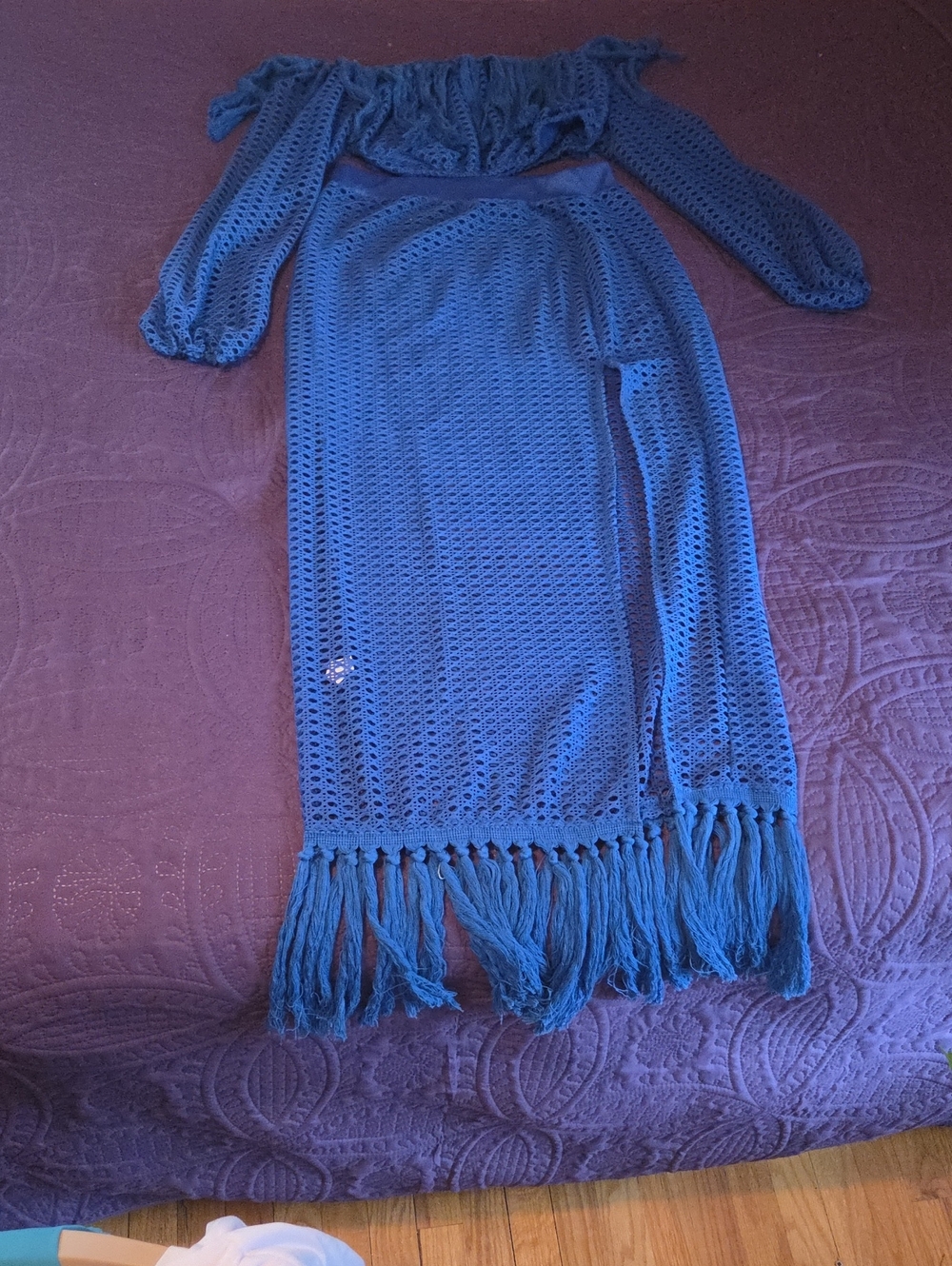 Blue Crochet Fringe Off-Shoulder Women’s Dress
